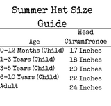 Goth Adult and Children's Summer Hat Size Guide 0-12  months 17 Inches 1-3 Years 18 Inches 3-5 Years 20 Inches 6-10 Years 22 Inches Adult 24 Inches