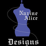 Nazine Alice Designs Logo. Black background with purple mannequin in the center. White thread swirls around the mannequin and into the lettering stating the brand name Nazine Alice Designs.