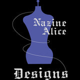 Nazine Alice Designs Logo. Black background with purple mannequin in the center. White thread swirls around the mannequin and into the lettering stating the brand name Nazine Alice Designs.