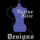 Nazine Alice Designs Logo. Black background with purple mannequin in the center. White thread swirls around the mannequin and into the lettering stating the brand name Nazine Alice Designs.