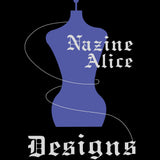 Nazine Alice Designs Logo. Black background with purple mannequin in the center. White thread swirls around the mannequin and into the lettering stating the brand name Nazine Alice Designs.