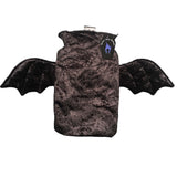 The bat wing hot water bottle cover. A velvet outer layer and a toweling lining layer. The goth hot water bottle features a black and white flying bats fabric and a luxury silk brand label. As a full gift set it comes with a cover, a 2 litre bottle and black and white paper packaging and free stickers.