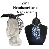 2 in 1 head and neck scarf. A gothic head scarf, a goth neck scarf and goth headband multi use alternative accessory.. Perfect for hot goth summer and corporate goth outfits. In a black and white ghosts fabric.