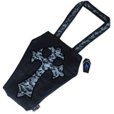 Large coffin shape shoulder bag with cross on the frontside and a velvet transfer outline. The shoulder straps are hemmed with black lace. It is made from a mix of block black cotton and bats and spiderweb print fabric. With leaflets + stickers