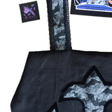 Large coffin shape shoulder bag with cross on the frontside and a velvet transfer outline. The shoulder straps are hemmed with black lace. It is made from a mix of block black cotton and bats and spiderweb print fabric. With leaflets + stickers