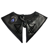 A detachable collar in a gothic style associated with Fetish goth, Nu goth and romantic goth. Black cotton lining and black faux leather top layer with black lace trimming and black ribbon tie up detail, with a velvet transfer of the sigil of lucifer. The perfect valentines gift for a gothic lover