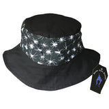 A summer goths alternative bucket hat with spiders fabric. It has a reversible pattern which means it has two styles to be worn in. The perfect gift for spider and goth fashion lovers and summer goth fashion statement piece.