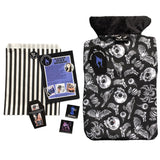 A goth hot water bottle made from an alternative fabric featuring skulls, crows, bats, tarantulas, eyeballs and sweets. It has a velvet top and a back opening. The lining fabric is a toweling fabric. I tcomes in giftable packaging. A black and white striped bag with stickers and a leaflet.