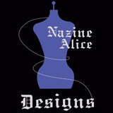 Nazine Alice Designs Logo. Black background with purple mannequin in the center. White thread swirls around the mannequin and into the lettering stating the brand name Nazine Alice Designs.