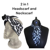 2 in 1 head and neck scarf. A gothic head scarf, a goth neck scarf and goth headband multi use alternative accessory.. Perfect for hot goth summer and corporate goth outfits. In a gothic black and white Bats fabric.