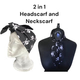 2 in 1 head and neck scarf. A gothic head scarf, a goth neck scarf and goth headband multi use alternative accessory.. Perfect for hot goth summer and corporate goth outfits. In a pirate like skull and crossbones fabric.