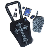 Large coffin shape shoulder bag with cross on the frontside and a velvet transfer outline. The shoulder straps are hemmed with black lace. As a gift set it comes with a smaller zip up coffin cosmetics bag in matching fabrics. With leaflets + stickers