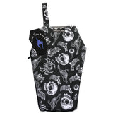 Coffin shaped makeup bag made with gothic fabric. It is a black background with black lines of skulls, crows, bats and eyeballs. The coffin shape cosmetics bag has a Nazine Alice Designs logo tag and a hook loop in the top left corner.