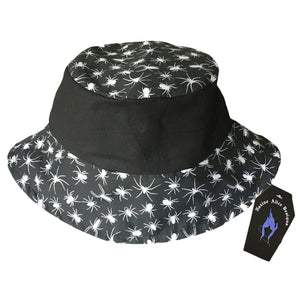 A summer goths alternative bucket hat with spiders fabric. It has a reversible pattern which means it has two styles to be worn in. The perfect gift for spider and goth fashion lovers and summer goth fashion statement piece.