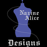 Nazine Alice Designs Logo. Black background with purple mannequin in the center. White thread swirls around the mannequin and into the lettering stating the brand name Nazine Alice Designs.