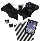 A reversible detachable goth bat wing collar with a silk ribbon tie up detail. A luxury gothic gift item for a friend or lover. Comes in recyclable giftable packaging. The collar has a lace lining matching the black and white reversible sides it matches with.