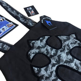 Large coffin shape shoulder bag with cross on the frontside and a velvet transfer outline. The shoulder straps are hemmed with black lace. It is made from a mix of block black cotton and bats and spiderweb print fabric. With leaflets + stickers