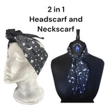 2 in 1 head and neck scarf. A gothic head scarf, a goth neck scarf and goth headband multi use alternative accessory.. Perfect for hot goth summer and corporate goth outfits. In a witchy black and white pentagram fabric.