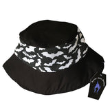 A summer goth hat with a black and white bat fabric. A reversible design with two wearing options. Suitable for a goth summer party, a goth beach hat, or a goth Easter party. The fabric is black and white bats in various sizes flying around.