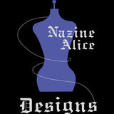 Nazine Alice Designs Logo. Black background with purple mannequin in the center. White thread swirls around the mannequin and into the lettering stating the brand name Nazine Alice Designs.