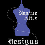 Nazine Alice Designs Logo. Black background with purple mannequin in the centre. White thread swirls around the mannequin and into the lettering stating the brand name Nazine Alice Designs