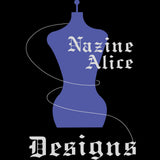 Nazine Alice Designs Logo. Black background with purple mannequin in the center. White thread swirls around the mannequin and into the lettering stating the brand name Nazine Alice Designs.