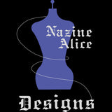 Nazine Alice Designs Logo. Black background with purple mannequin in the center. White thread swirls around the mannequin and into the lettering stating the brand name Nazine Alice Designs.