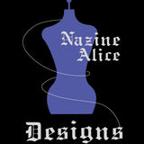 Nazine Alice Designs Logo. Black background with purple mannequin in the center. White thread swirls around the mannequin and into the lettering stating the brand name Nazine Alice Designs.