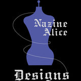 Nazine Alice Designs Logo. Black background with purple mannequin in the center. White thread swirls around the mannequin and into the lettering stating the brand name Nazine Alice Designs.