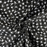 Close up of the spider fabric. It is a plain black background with white spiders of all shapes and sizes running all over.